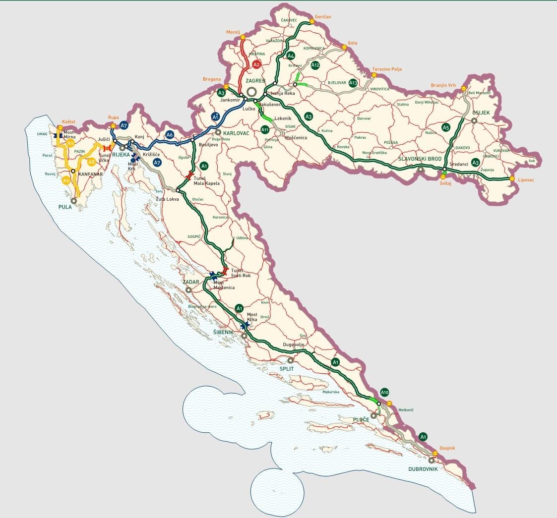 mapa chorvatských dálnic