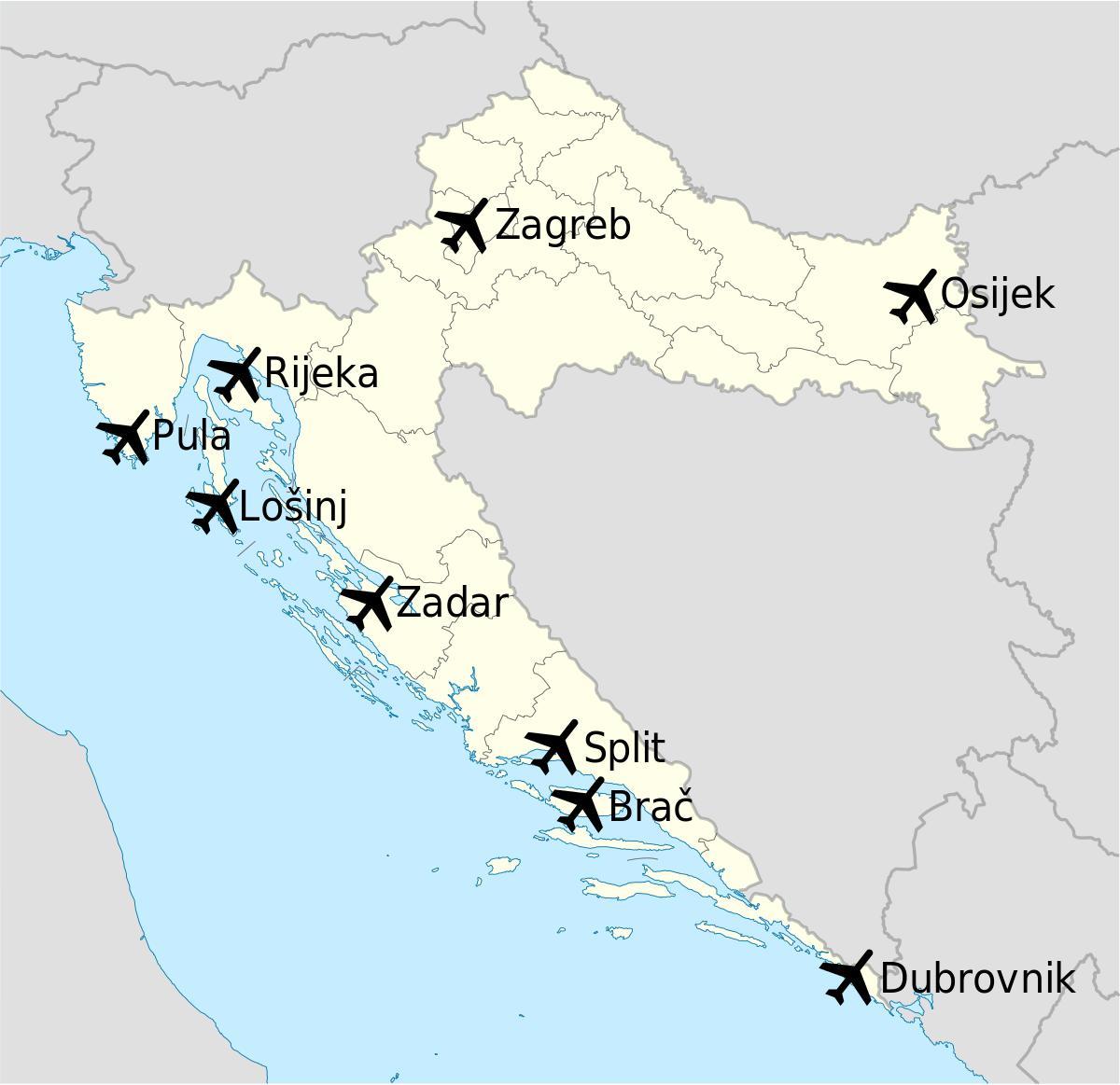 mapa chorvatska ukazuje letišť
