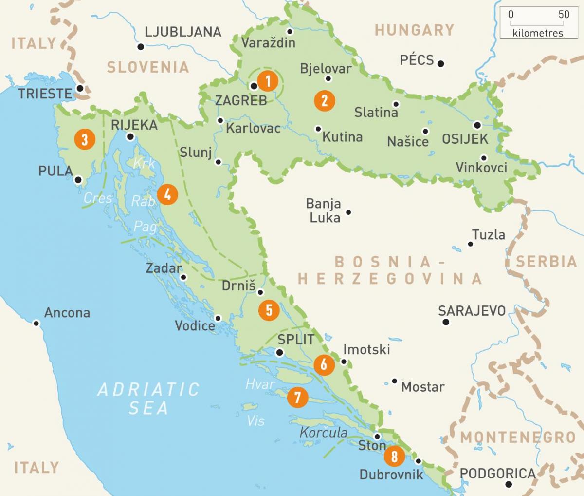 mapa chorvatska regiony 