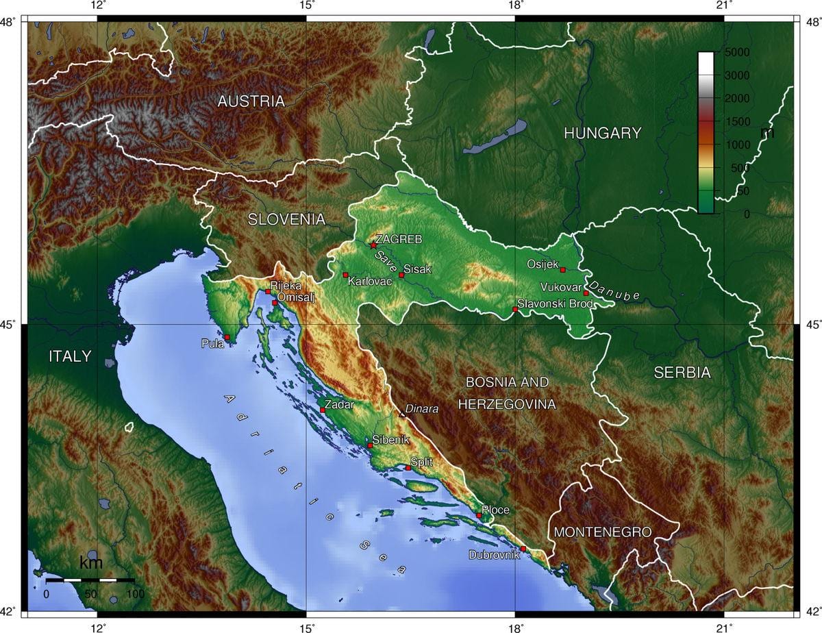 mapa chorvatska topografické 