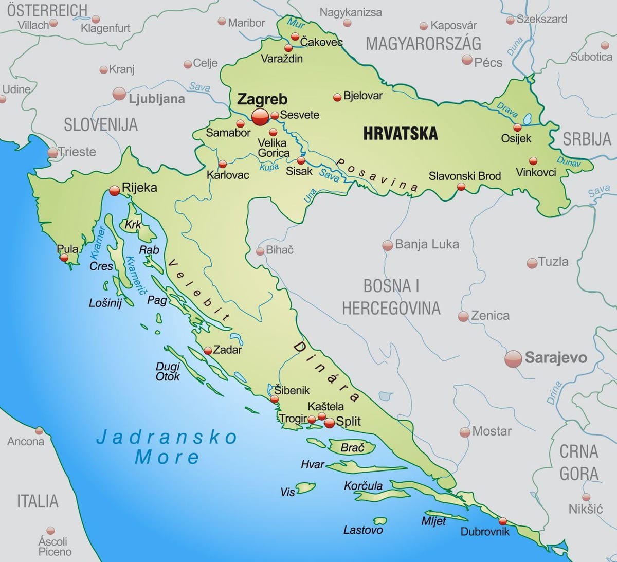 severní chorvatsko mapa
